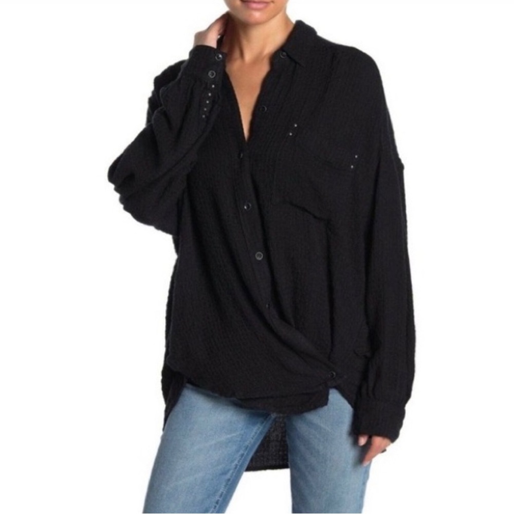 Free People Top XS We The Free Hidden Valley Button Down Oversized Black - Picture 2 of 12
